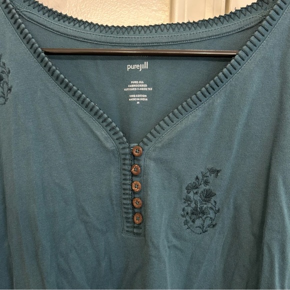 J. Jill Pure Jill Embroidered Button V Neck Tee Veridian Green Boho 100% Cotton - Picture 4 of 9